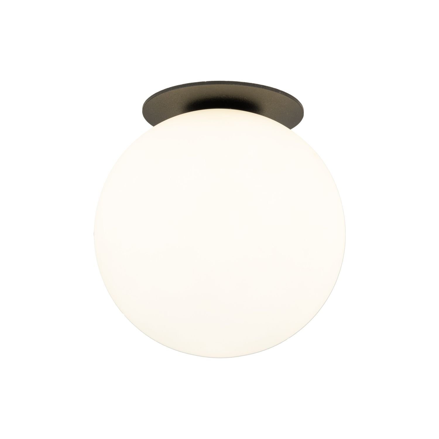Na obrazie widoczna jest okrągła lampa sufitowa z białym kloszem i czarną oprawą. Lampa ma nowoczesny design i jest przeznaczona do montażu podtynkowego.