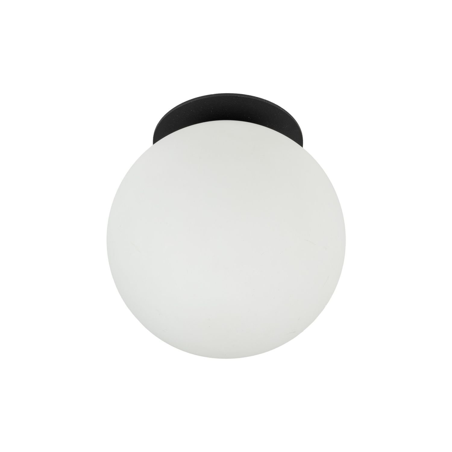 Na obrazie widoczna jest okrągła, biała lampa sufitowa z czarną podstawą. Lampa ma nowoczesny design i jest przeznaczona do montażu podtynkowego.