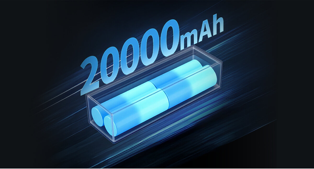 LENOVO G0A3140WWW LENOVO G0A3140WWW pojemności 20 000 mAh Moc wyjściowa 140 W Półprzezroczysta obudowa estetyką cyberpunk ekran TFT Ultra HD parametrów ładowania - grafika przedstawiająca pojemność powerbanka oraz ogniwa