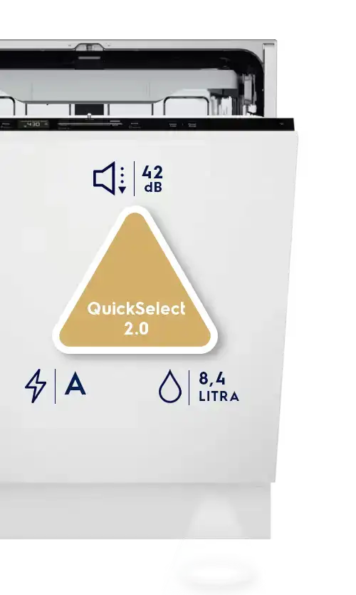 Zmywarka z otwartymi drzwiami, na których widnieje trójkątny symbol z napisem \'QuickSelect 2.0\'. Obok znajdują się ikony z oznaczeniami \'42 dB\' oraz \'8,4 LITRA\'.