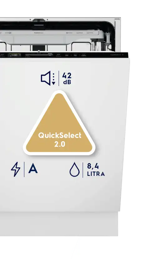 Zmywarka z otwartymi drzwiami, na froncie widoczne symbole: głośnik z napisem \'40 dB\', trójkąt z napisem \'QuickSelect 2.0\', błyskawica z literą \'A\' oraz kropla z napisem \'8,4 LITRA\'.