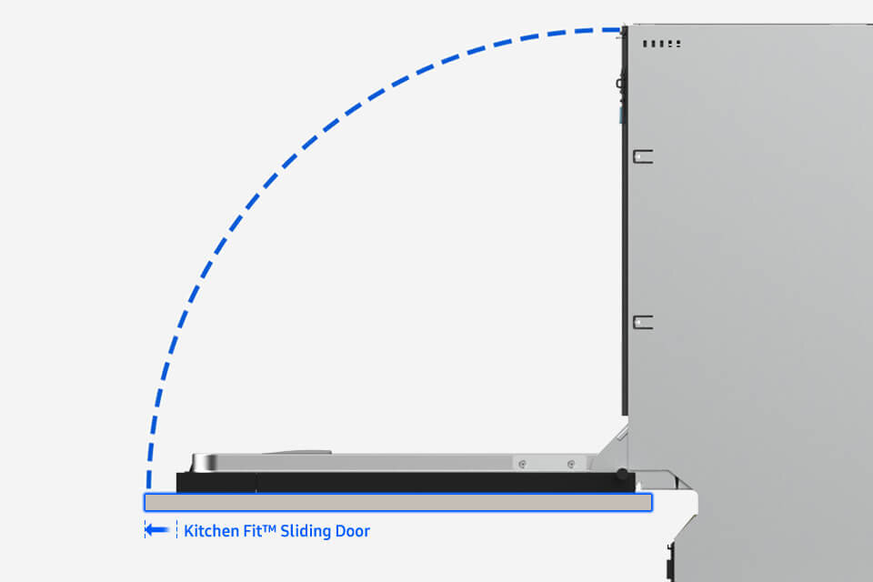 zawiasy ślizgowe Schemat przedstawia bok zmywarki z otwartymi drzwiami, pokazując mechanizm \'Kitchen Fit™ Sliding Door\'.