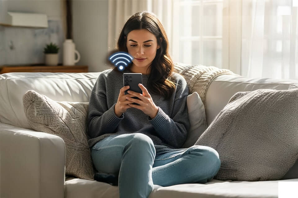 Osoba siedzi na kanapie, trzymając smartfon, nad którym unosi się symbol sygnału Wi-Fi. W tle widać jasne zasłony i poduszki na kanapie.
