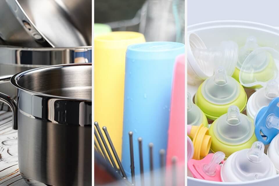 Obraz przedstawia trzy sekcje: garnki ze stali nierdzewnej, kolorowe kubki oraz różnokolorowe nakrętki z ustnikami. Każda sekcja pokazuje różne przedmioty kuchenne w zbliżeniu.