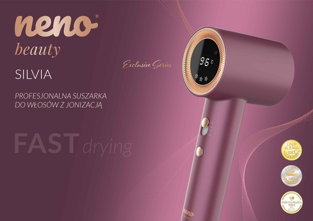 Obraz przedstawia różową suszarkę do włosów z wyświetlaczem pokazującym temperaturę 96°C. Na tle widnieje tekst: \'neno beauty SILVIA PROFESJONALNA SUSZARKA DO WŁOSÓW Z JONIZACJĄ FAST drying\'.