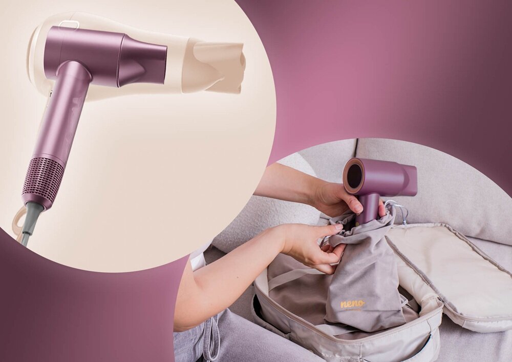 Na obrazie widoczna jest różowa suszarka do włosów z beżową końcówką. Obok osoba wkłada suszarkę do szarego pokrowca z napisem \'neno\'.