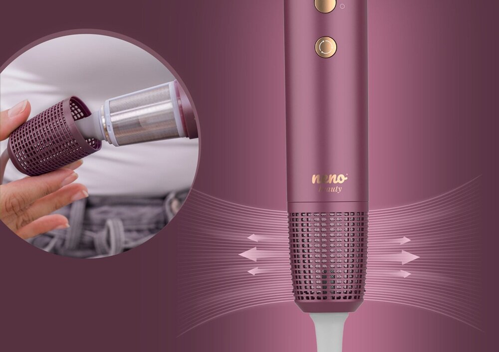 Obraz przedstawia różową suszarkę do włosów z logo \'neno beauty\'. W okrągłym zbliżeniu widoczny jest demontowany filtr suszarki.