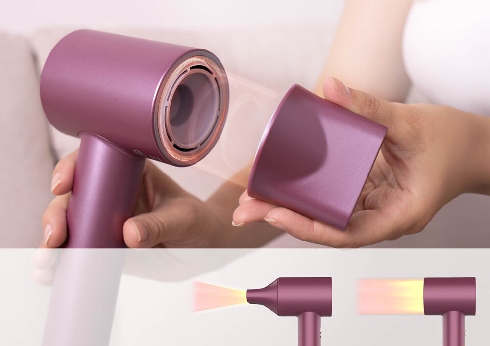 Osoba trzyma różową suszarkę do włosów z odłączaną końcówką. Na dole obrazu widoczne są dwa schematy pokazujące różne tryby działania suszarki.