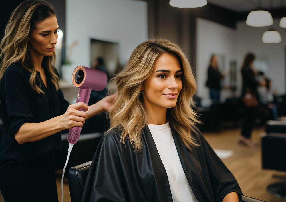 Osoba używa różowej suszarki do włosów w salonie fryzjerskim. Na wyświetlaczu suszarki widoczna jest temperatura 95°C.