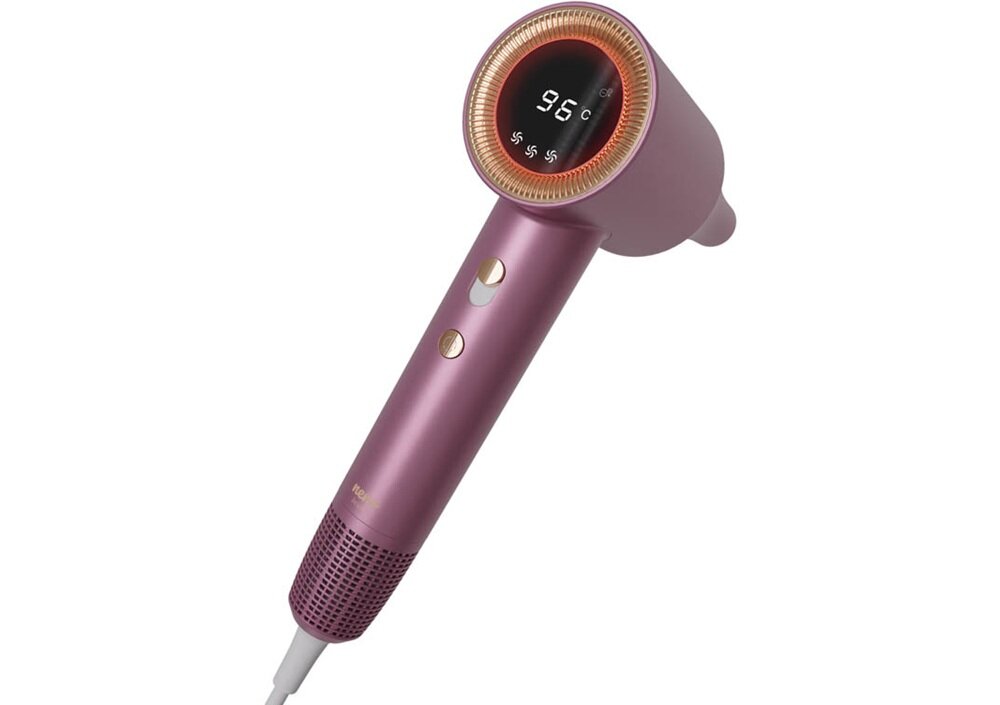 Różowa suszarka do włosów z wyświetlaczem pokazującym temperaturę 96°C. Na uchwycie znajdują się dwa przyciski oraz logo \'NENO\'.