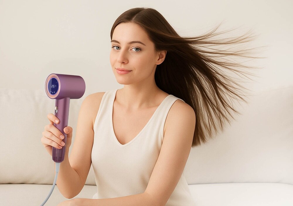 Osoba trzyma różową suszarkę do włosów z wyświetlaczem pokazującym \'25°C\'. Włosy są rozwiane, a tło jest jasne i neutralne.