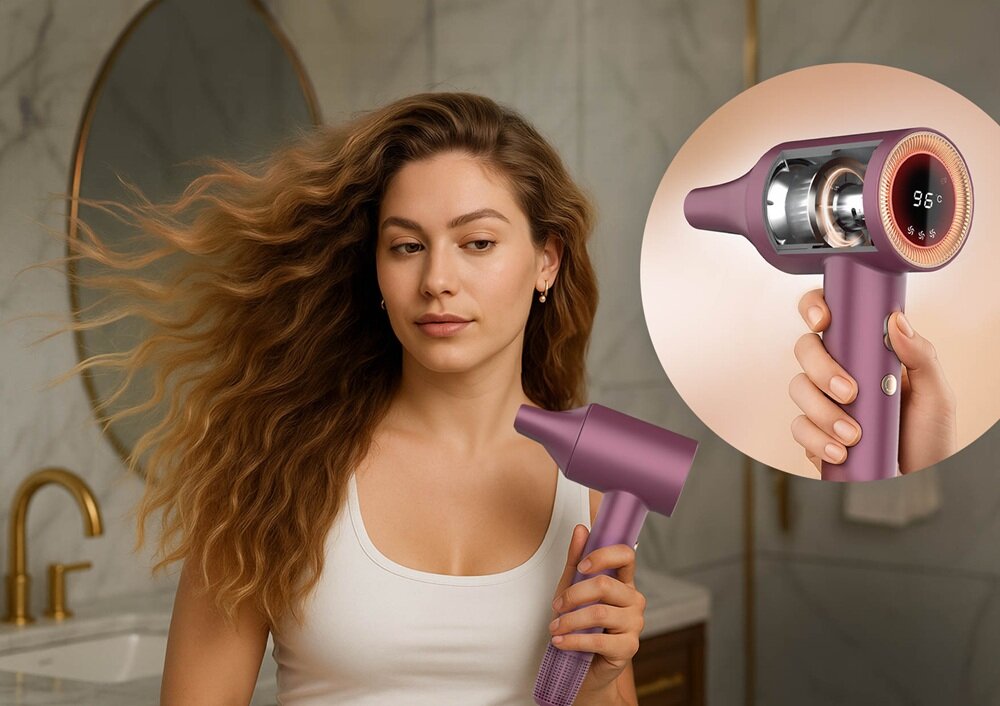 Osoba trzyma różową suszarkę do włosów w łazience z marmurowymi ścianami i złotymi elementami. W okrągłym zbliżeniu widoczny jest wyświetlacz suszarki pokazujący \'96°C\'.