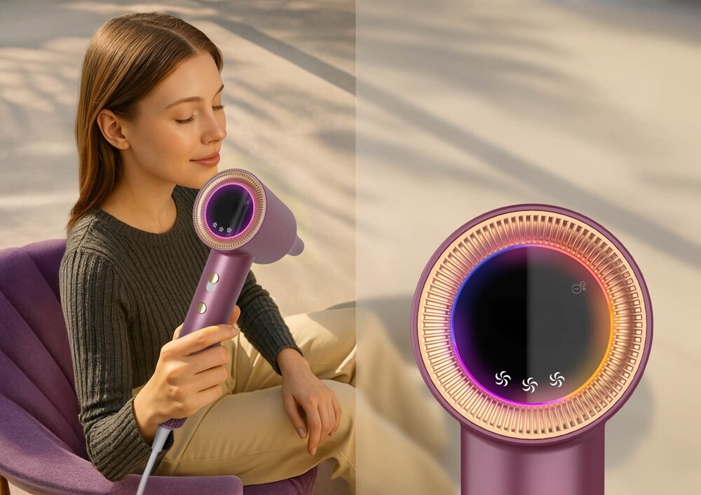 Osoba siedzi na fotelu, trzymając różową suszarkę do włosów. Suszarka ma okrągły wylot z kolorowym podświetleniem i trzema przyciskami na uchwycie.