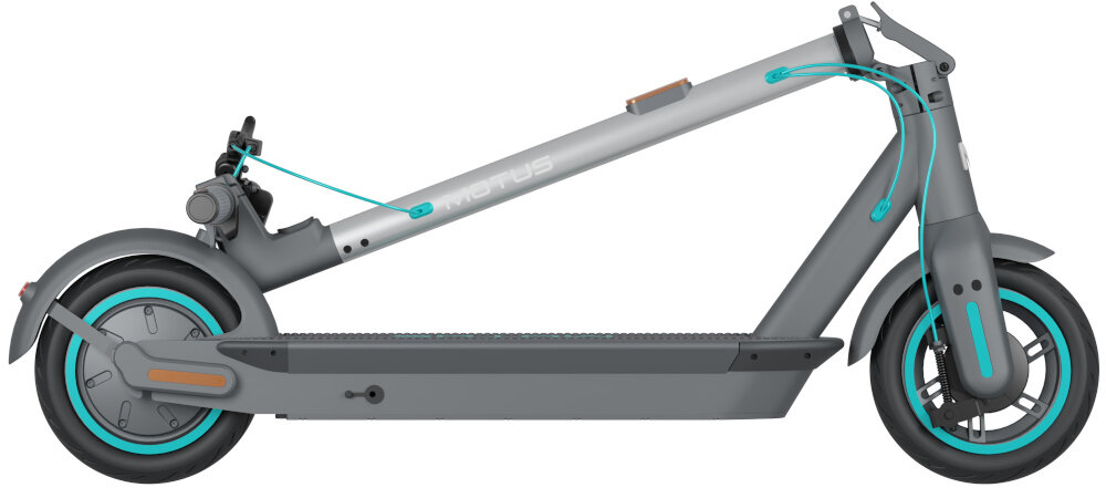 Hulajnoga elektryczna MOTUS Scooty 10 Gen 6 65km 350W 10 cali Szary złożona hulajnoga na białym tle widoczna z boku składana konstrukcja łatwy transport zwolnienie mechanizmu pociągnięciu zatrzasku popchnięcie kierownicy do przodu szybkie złożenie hulajnogi