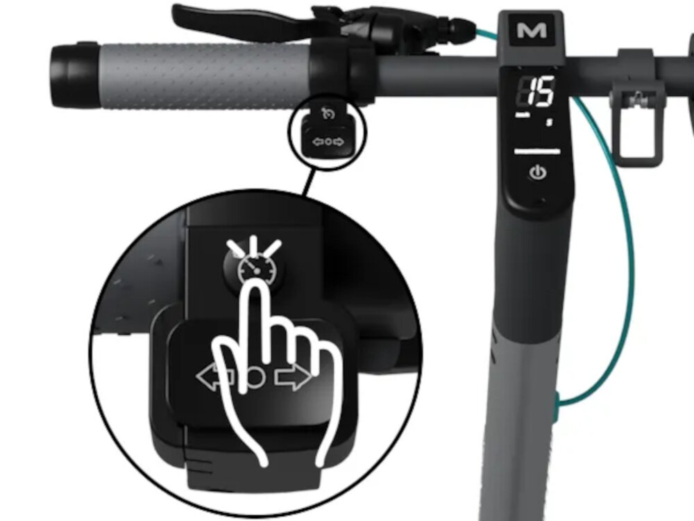 Hulajnoga elektryczna MOTUS Scooty 10 Gen 6 65km 350W 10 cali Szary kierownica na białym tle obok kółko ze zbliżeniem na tempomat sygnał dźwiękowy komunikowanie się z innymi użytkownikami drogi tempomat obsługiwany manualnie ustawić i utrzymywać stałą prędkość pojazdu bezpieczeństwa na drodze i oszczędność energii