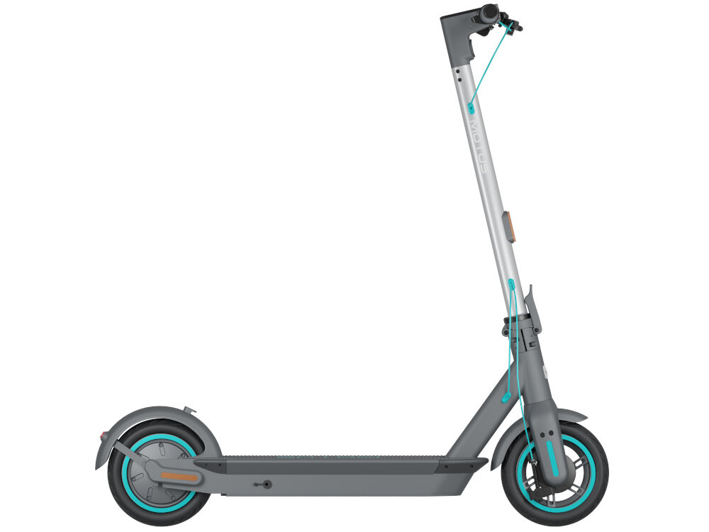 Hulajnoga elektryczna MOTUS Scooty 10 Gen 6 65km 350W 10 cali Szary hulajnoga widoczna z boku zdjęcie na białym tle wydajna bateria o pojemności 15 Ah bateria litowo-jonowa zasięg do 65 km czas ładowania około 7-8 godzin wskaźnik zużycia baterii
