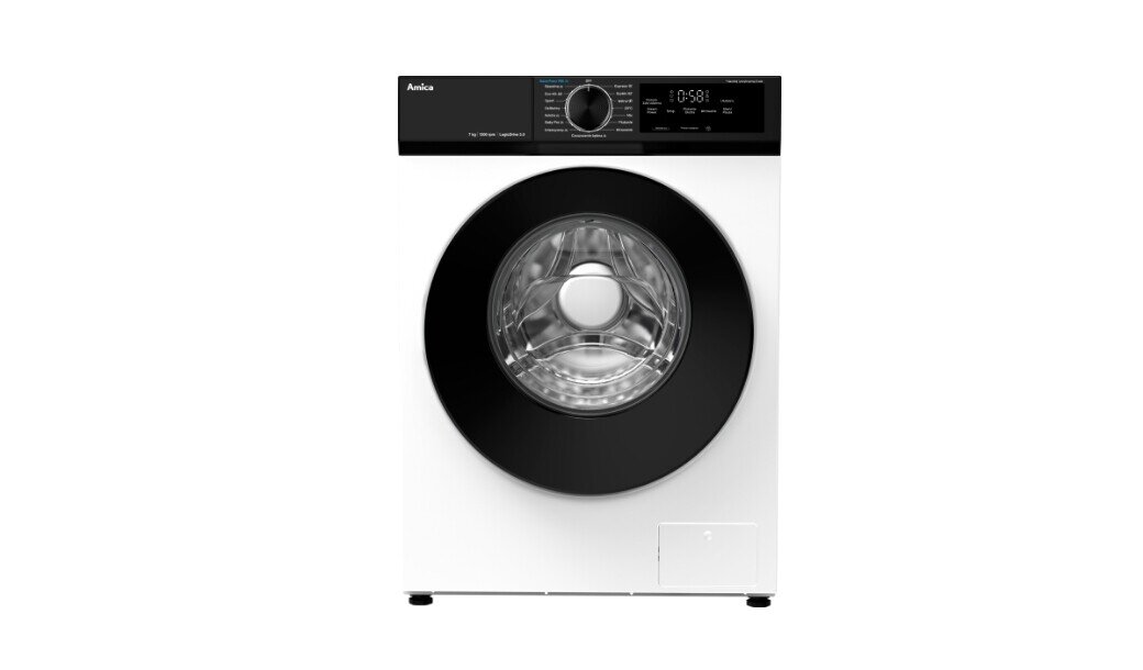 Pralka o białej obudowie z czarnym panelem sterowania i dużym okrągłym bębnem. Na panelu widoczne jest logo \'Amica\' oraz wyświetlacz z pokrętłem i przyciskami.