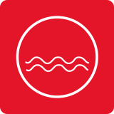 Czerwona ikona z białym okręgiem, wewnątrz którego znajdują się trzy faliste linie.