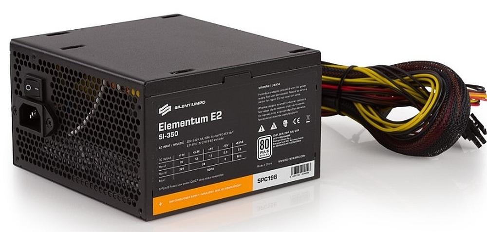 Zasilacz komputerowy SILENTIUMPC Elementum E2 SI-350 z widocznym logo producenta i specyfikacją techniczną na obudowie. Obok zasilacza znajdują się kolorowe przewody z wtyczkami.