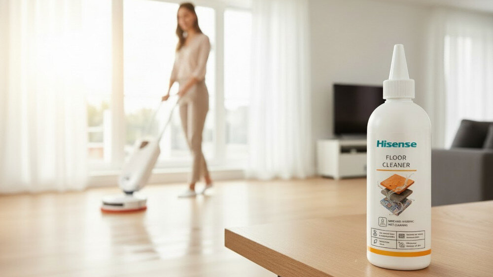 PŁYN HISENSE DO ODKURZACZY MOPUJĄCYCH I ROBOTÓW MOPUJĄCYCH 500ML Na zdjęciu widać jasny salon z drewnianą podłogą. Na pierwszym planie stoi butelka środka do czyszczenia podłóg marki Hisense, a w tle rozmyta osoba myje podłogę elektrycznym mopem
