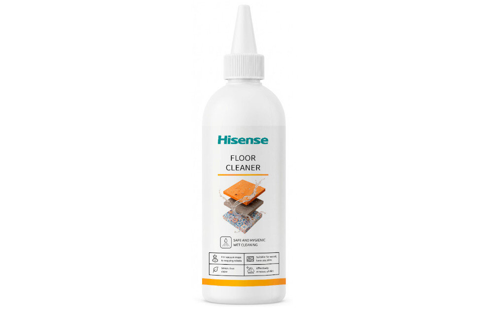 PŁYN HISENSE DO ODKURZACZY MOPUJĄCYCH I ROBOTÓW MOPUJĄCYCH 500ML Biała butelka „Hisense Floor Cleaner” na jasnym tle, z etykietą przedstawiającą zastosowanie do różnych powierzchni i informacje o skutecznym czyszczeniu podłóg butelka zawartość zestawu