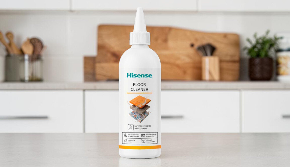 PŁYN HISENSE DO ODKURZACZY MOPUJĄCYCH I ROBOTÓW MOPUJĄCYCH 500ML Butelka środka „Hisense Floor Cleaner” na blacie w kuchni do robotów mopujących i mopów uniwersalne zastosowanie usuwa brud kurz tłuste plamy skuteczne czyszczenie bez smug i zacieków czysta powierzchnia