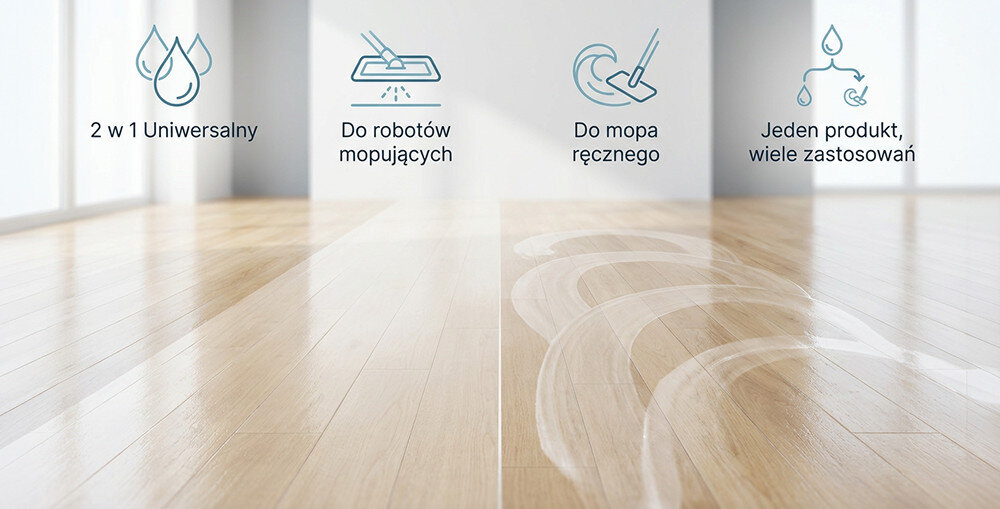PŁYN HISENSE DO ODKURZACZY MOPUJĄCYCH I ROBOTÓW MOPUJĄCYCH 500ML Grafika prezentująca zastosowania płynu – widoczne ikony: „2 w 1 uniwersalny”, „do robotów mopujących”, „do mopa ręcznego” oraz „jeden produkt, wiele zastosowań”; na tle czystej, błyszczącej podłogi z efektami ruchu do robotów mopujących i mopów uniwersalne zastosowanie