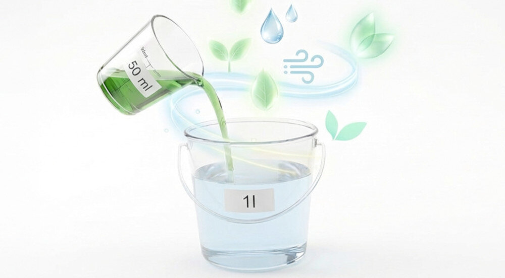 PŁYN HISENSE DO ODKURZACZY MOPUJĄCYCH I ROBOTÓW MOPUJĄCYCH 500ML Grafika pokazująca dozowanie płynu – do wiadra z wodą (1 l) wlewane jest 50 ml koncentratu, a wokół widoczne są symbole świeżości i skutecznego działania wydajny koncentrat 500 ml dozowanie 1 do 20 oszczędności