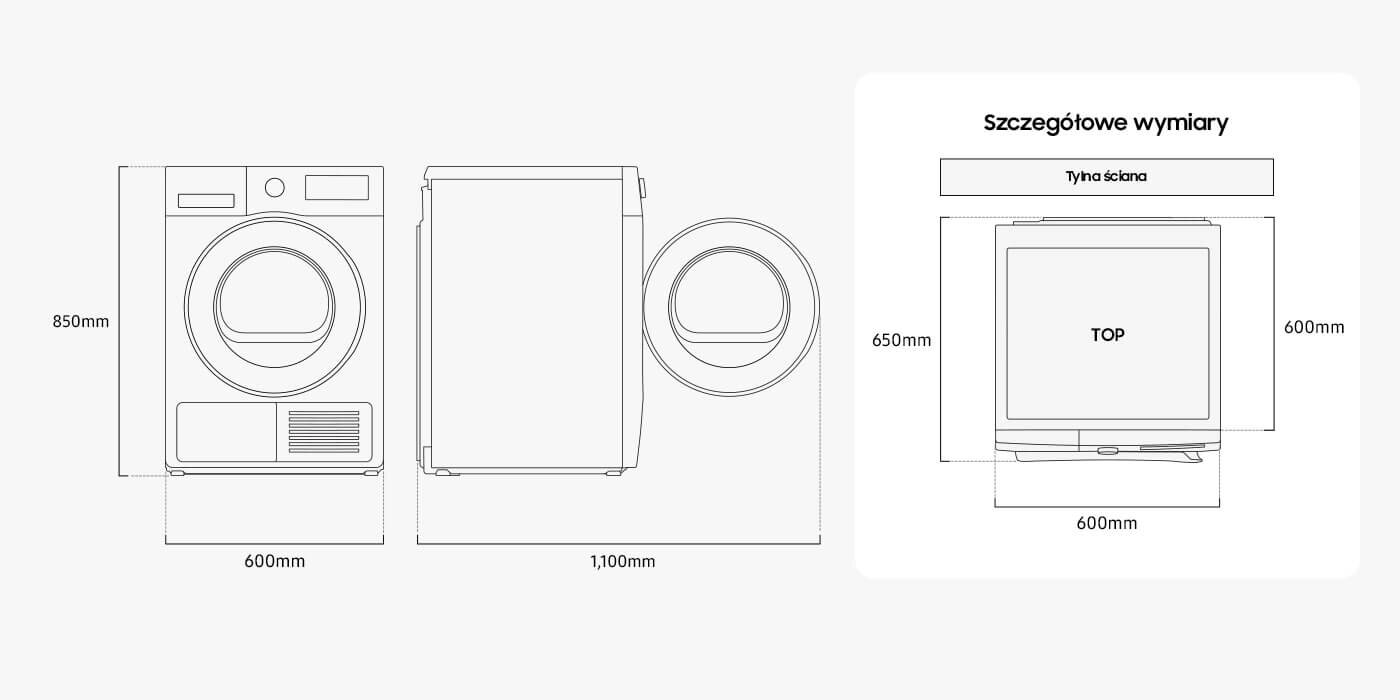 Wymiary suszarki DV80DG52B0AEEO Schemat suszarki z trzema widokami: z przodu, z boku i z góry, z wymiarami 850mm wysokości, 600mm szerokości i 1100mm głębokości. Dodatkowy rysunek pokazuje szczegółowe wymiary górnej części: 650mm od tylnej ściany i 600mm szerokości.
