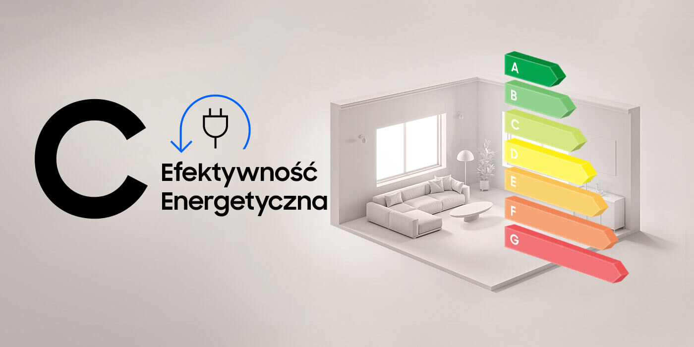 Klasa energetyczna C Obraz przedstawia napis \'Efektywność Energetyczna\' z symbolem wtyczki oraz wizualizację pokoju z kanapą i oknem. Obok znajduje się kolorowa skala efektywności energetycznej oznaczona literami od A do G.