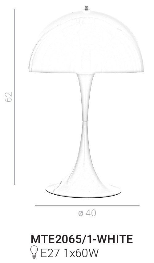 Biała lampa stołowa o nowoczesnym designie z półokrągłym kloszem i smukłą podstawą. Widoczny tekst: \'MTE2065/1-WHITE E27 1x60W\'.