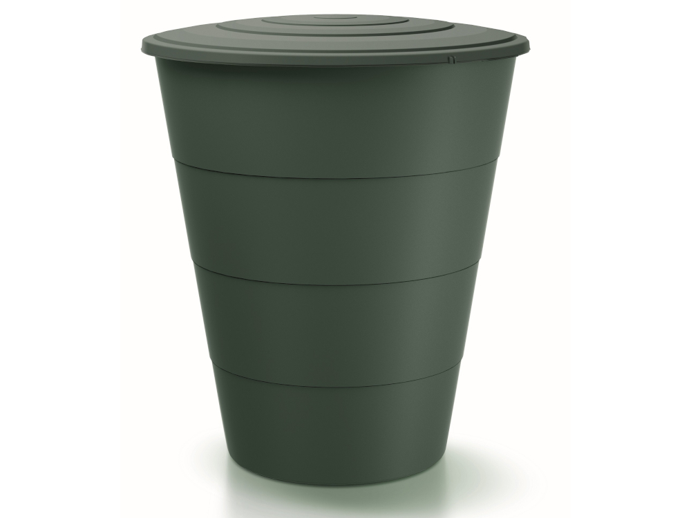 Zielony zbiornik na deszczówkę o gładkiej powierzchni i stożkowym kształcie, z pokrywą na górze. Produkt ma jednolity kolor i jest wykonany z tworzywa sztucznego.