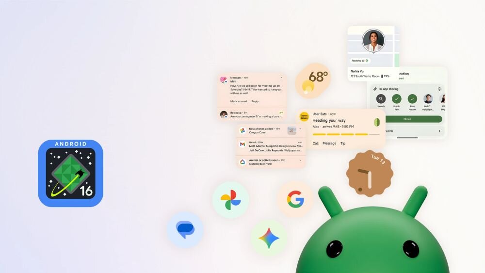 Obraz przedstawia ikonę Android 16 oraz różne elementy interfejsu użytkownika, takie jak powiadomienia, ikony aplikacji i widżety pogodowe. W prawym dolnym rogu widoczna jest część maskotki Androida.