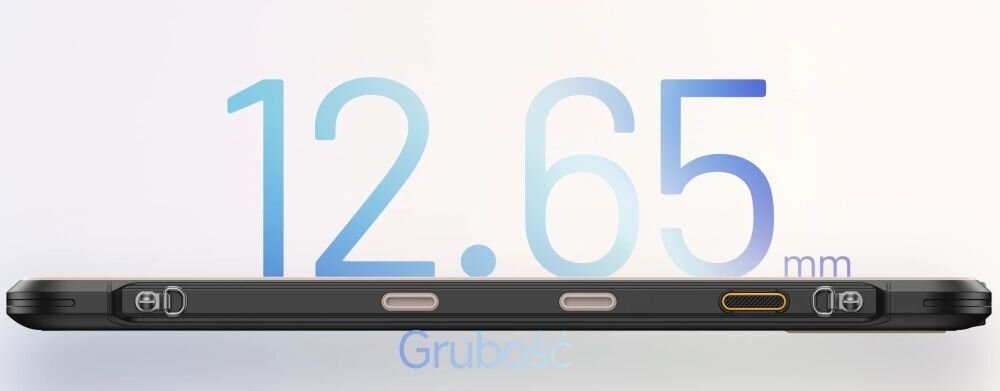 Obraz przedstawia boczny widok tabletu z widocznymi przyciskami i portami. Na obrazie znajduje się tekst: \'12.65 mm Grubość\'.