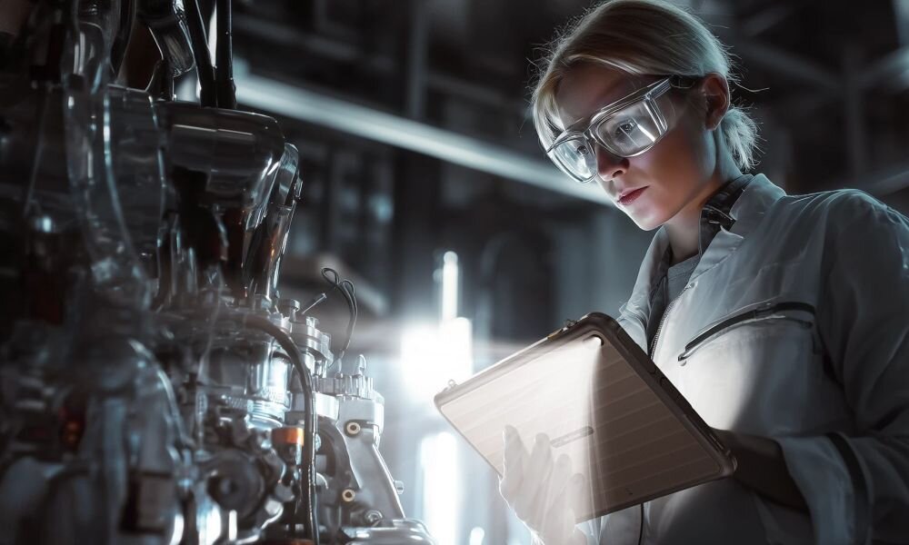 Osoba w białym fartuchu i okularach ochronnych trzyma tablet, stojąc obok skomplikowanej maszyny w industrialnym otoczeniu.