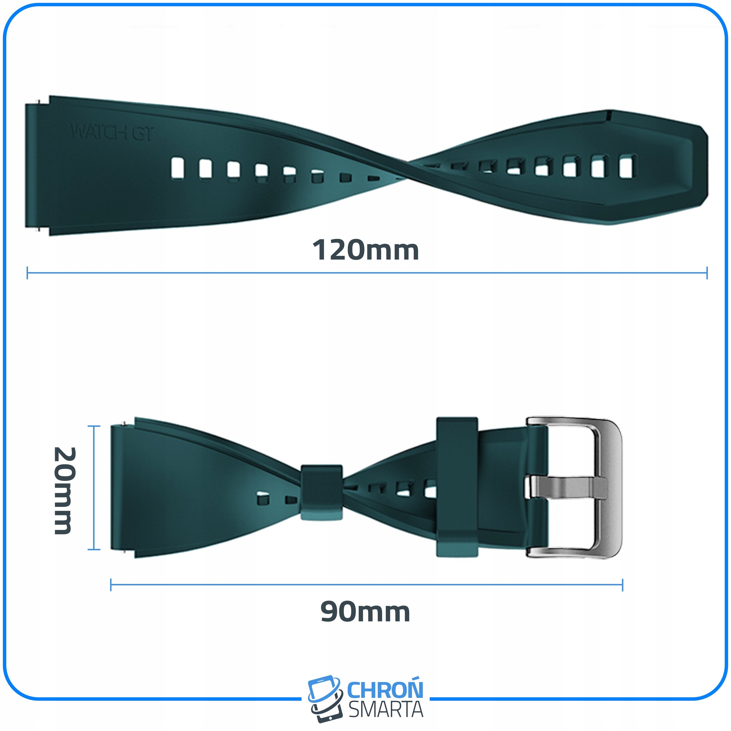 Obraz przedstawia pasek do zegarka w kolorze ciemnozielonym z metalową klamrą. Na pasku widoczne są wymiary: 120mm, 90mm i 20mm oraz logo \'CHROŃ SMARTA\'.