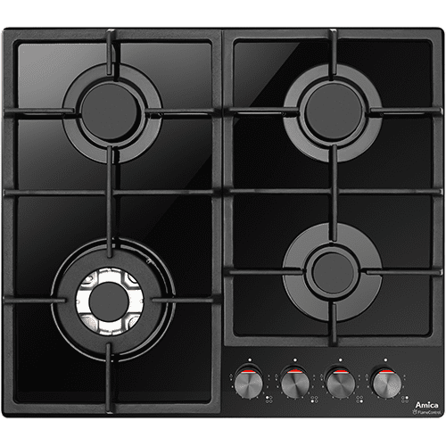 Czarna płyta gazowa z czterema palnikami i metalowymi pokrętłami. Widoczne logo: Amica.