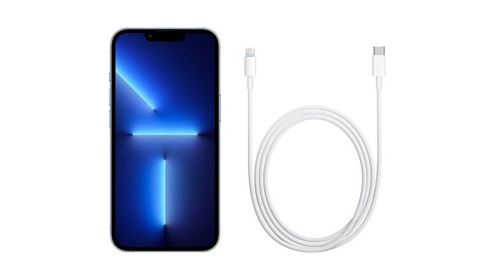 Smartfon z wyświetlaczem pokazującym niebieski wzór świetlny oraz biały kabel z końcówkami Lightning i USB-C.