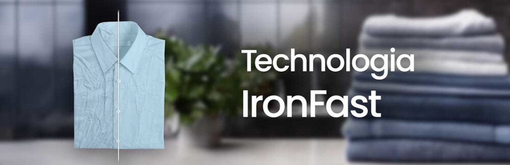 Obraz przedstawia koszulę z widoczną linią podziału na wyprasowaną i pogniecioną część. Obok znajduje się tekst: \'Technologia IronFast\'.