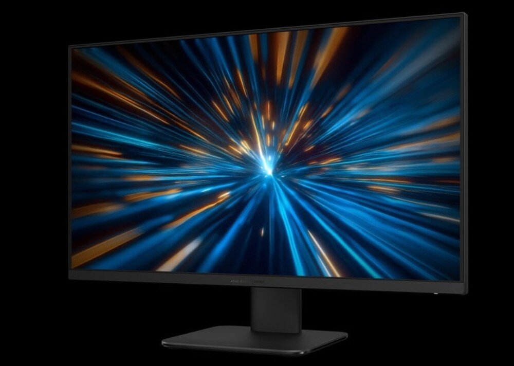 Komputer All in One ASUS ExpertCenter PM670KA-BPE046X Monitor komputerowy na czarnym tle prezentujący dynamiczną grafikę z rozchodzącymi się od środka promieniami światła w kolorze niebieskim i złotym, łączność Wi-Fi, Bluetooth