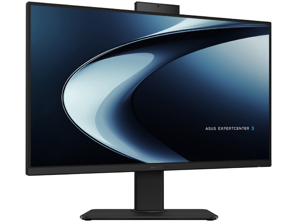 Komputer All in One ASUS ExpertCenter PM670KA-BPE046X Komputer zintegrowany w obudowie monitora ustawiony pod kątem z widoczną kamerą internetową na górnej krawędzi i czarną podstawą, pamięć RAM, dysk, pojemność