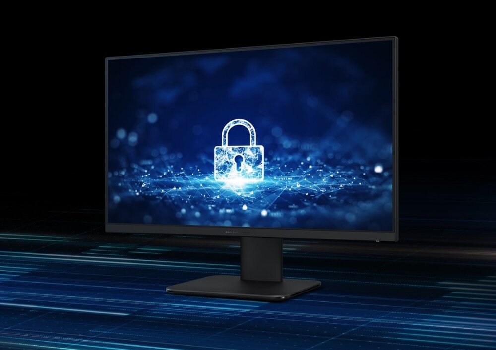 Komputer All in One ASUS ExpertCenter PM670KA-BPE046X Monitor na ciemnym tle wyświetlający niebieską grafikę sieci z centralnie umieszczoną świecącą ikoną zamkniętej kłódki, układ TPM, aktualizacje, bezpieczeństwo