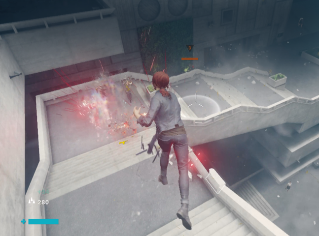 Postać w grze wideo unosi się nad schodami w nowoczesnym budynku, otoczona efektami świetlnymi i cząsteczkowymi. W dolnym rogu ekranu widoczny jest pasek zdrowia z liczbą 280.