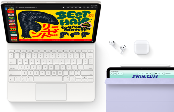 Na obrazie widoczny jest tablet z klawiaturą, na ekranie którego wyświetla się kolorowa grafika z napisem \'BEST HAIR COMPOUND CONTEST\'. Obok tabletu znajdują się słuchawki bezprzewodowe i etui ładujące, a na drugim ekranie widoczny jest napis \'SWIM CLUB\'.