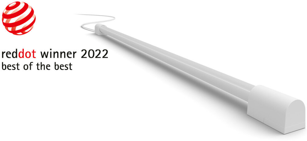 Biała świetlówka LED o prostokątnym kształcie z zaokrąglonym końcem, obok której widnieje logo \'reddot winner 2022 best of the best\'.