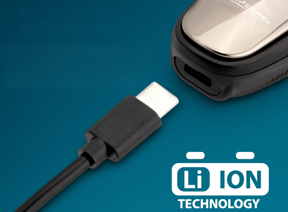 Na obrazie widoczna jest część golarki z metaliczną powierzchnią oraz kabel USB-C. W prawym dolnym rogu znajduje się napis \'Li ION TECHNOLOGY\'.