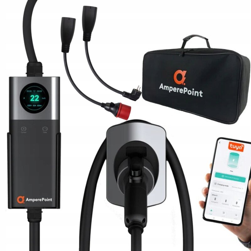 Na obrazie widoczna jest przenośna ładowarka do aut EV z wyświetlaczem pokazującym \'22 kWh\', dwa adaptery, torba z logo \'AmperePoint\' oraz telefon z aplikacją \'tuya\'.