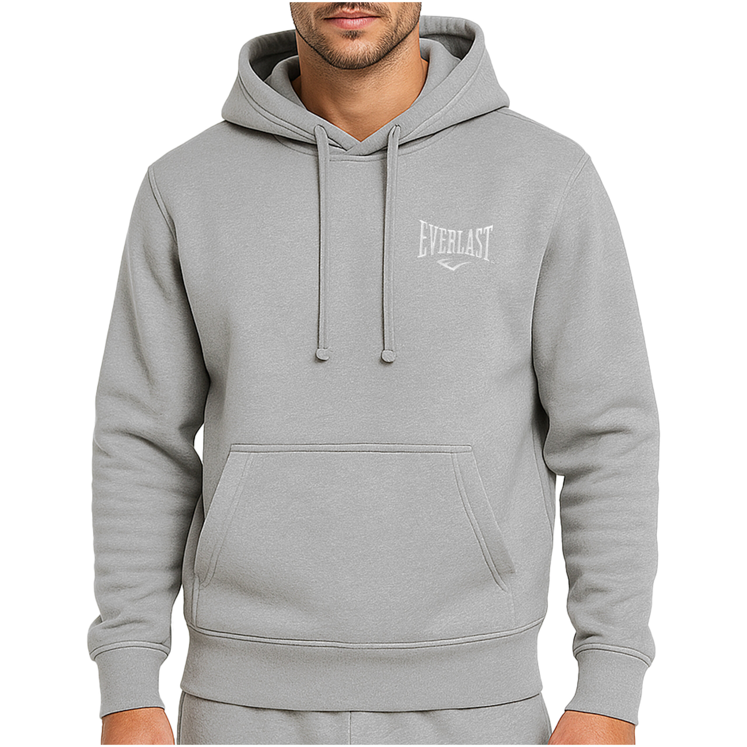 Szara bluza z kapturem z logo \'Everlast\' na piersi, posiada kieszeń typu kangurka i sznurki przy kapturze.