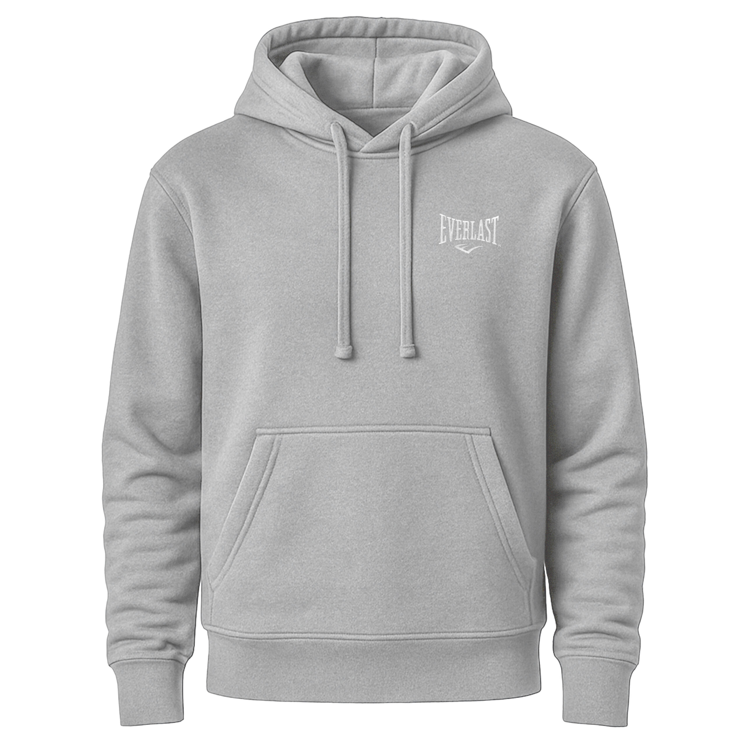 Szara bluza z kapturem i kieszenią typu kangurka, z białym logo \'Everlast\' na piersi.