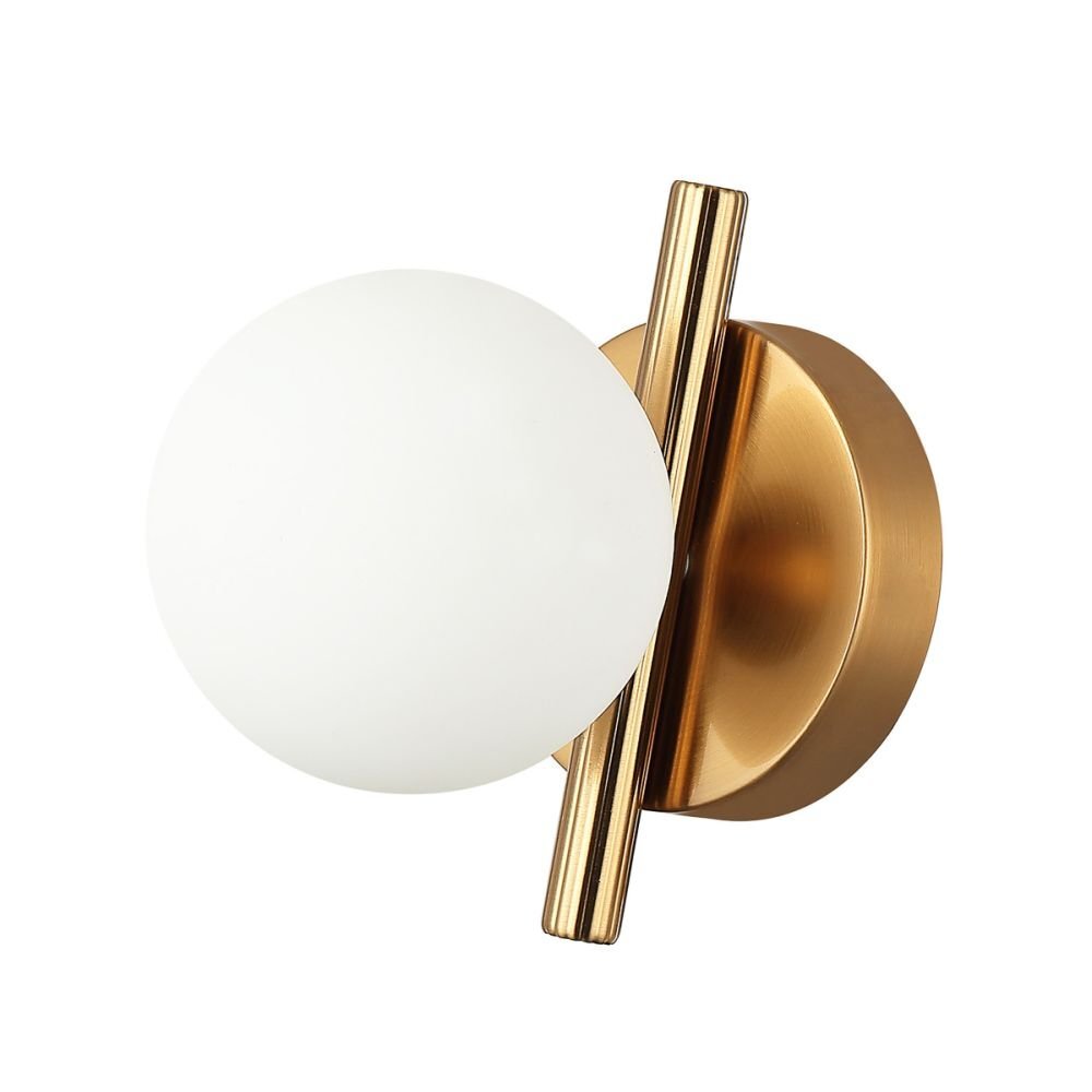 Kinkiet ścienny z okrągłym, białym kloszem i elegancką, brązową podstawą. Lampa posiada jeden punkt świetlny i nowoczesny design.